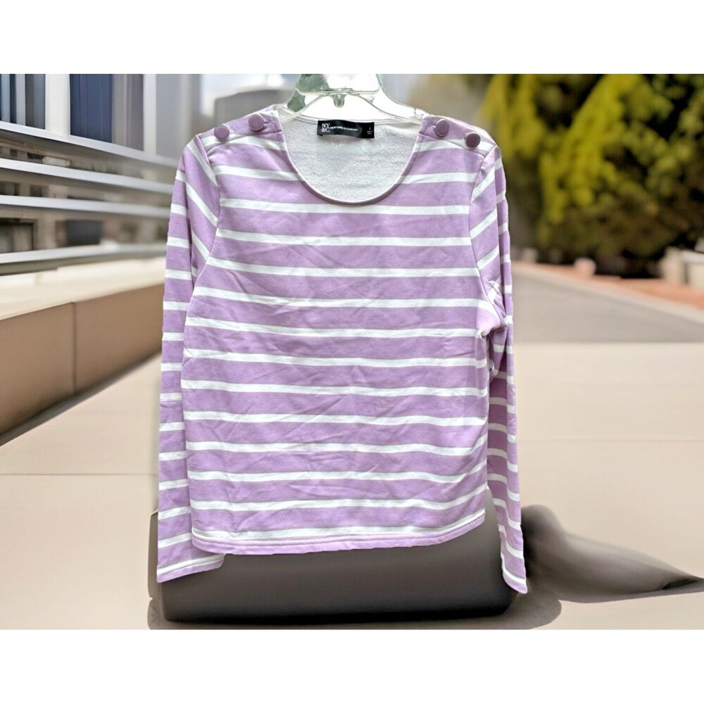NWOT New York & Co Lilac Purple Stripe Long Sleeve Shoulder Buttons Top-Sz Small
